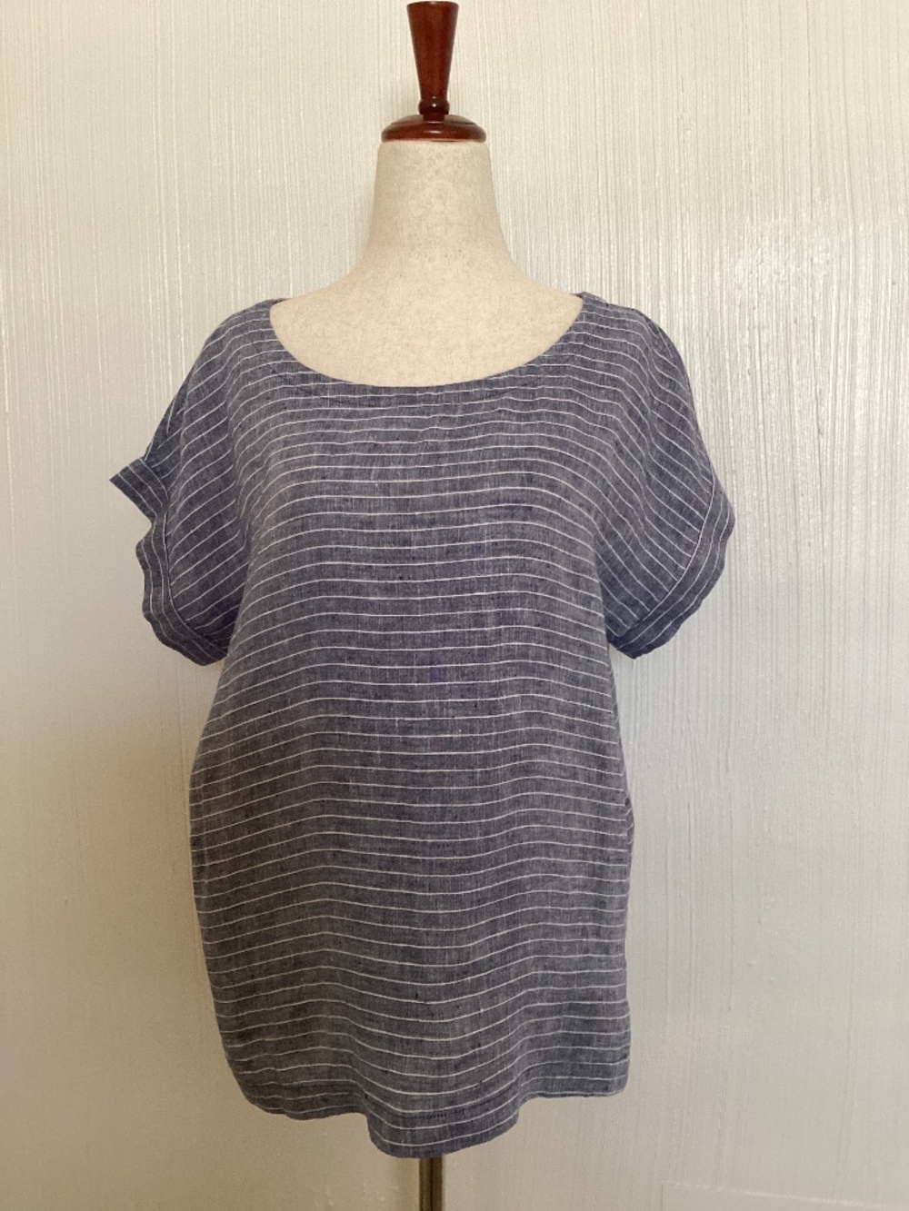 $168 Eileen Fisher Organic Linen Bateau Blouse Top Striped Resortwear Beach XS S